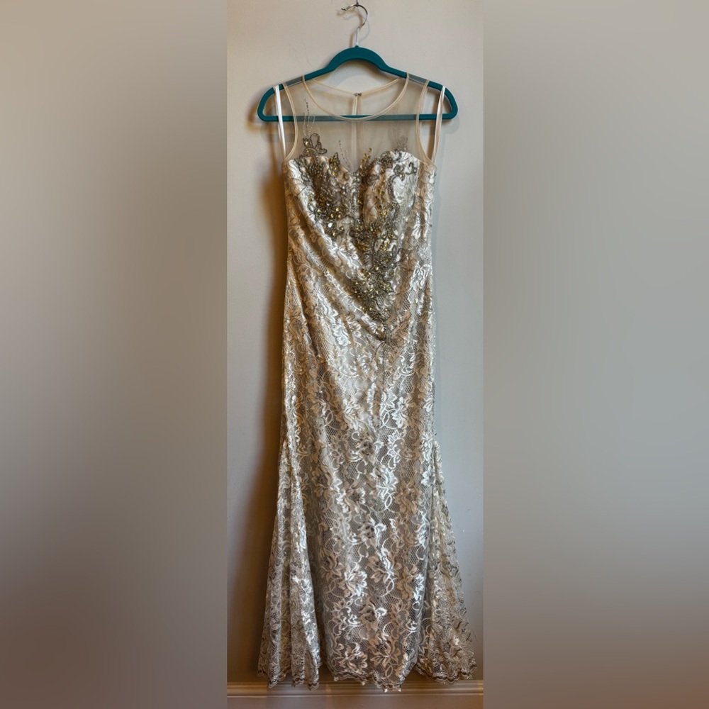 Mac Duggal Strapless Gold Lace Gown - Bridal, MOB